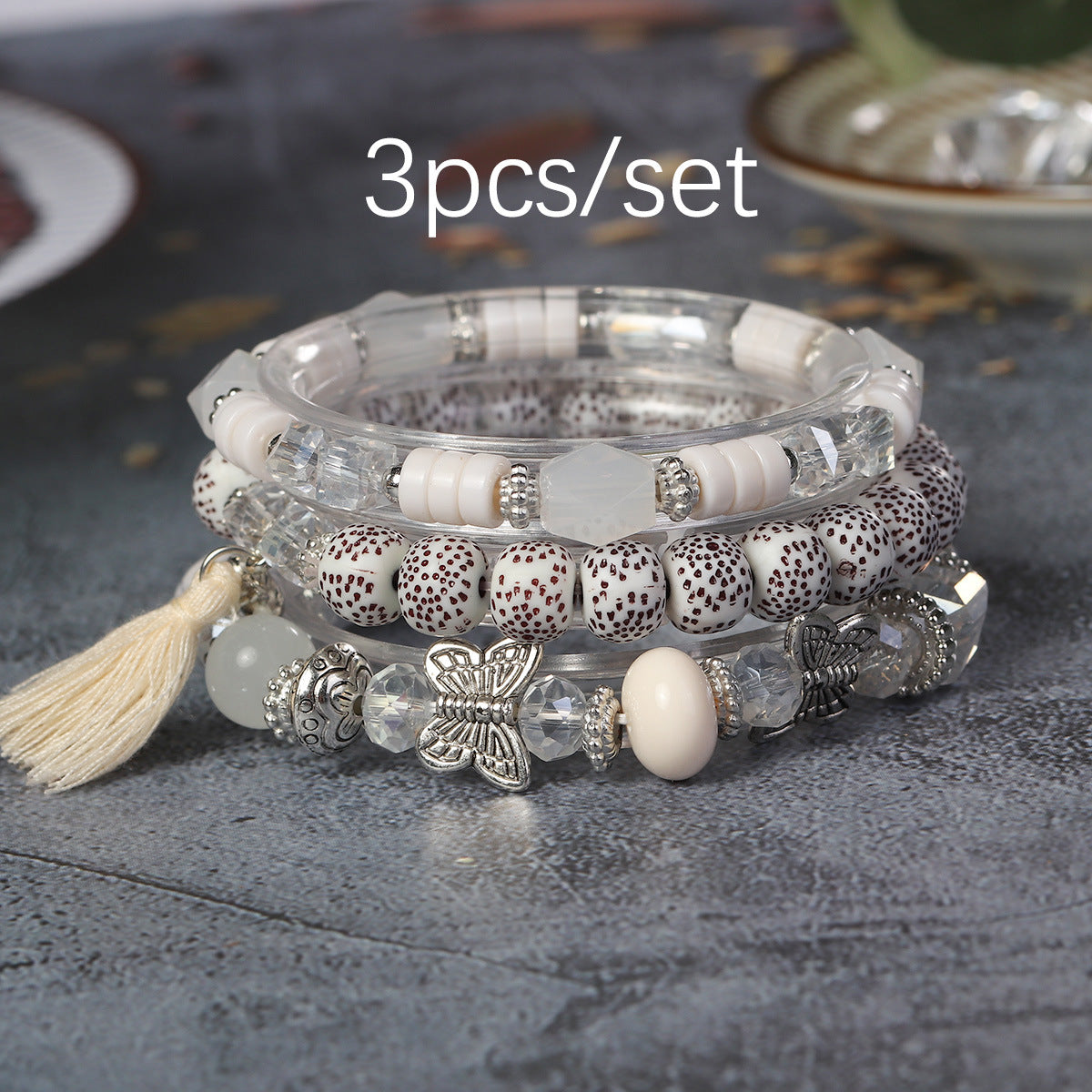 Wholesale Butterfly Tassel Pendant Glass Elastic Bracelet